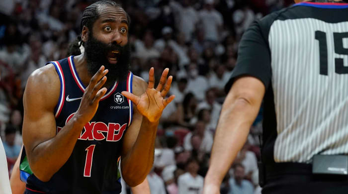 Philadelphia 76ers guard James Harden (1) reacts to a call by referee Zach Zarba (15) during the second half of Game 2 of an NBA basketball second-round playoff series against the Miami Heat, Wednesday, May 4, 2022, in Miami.